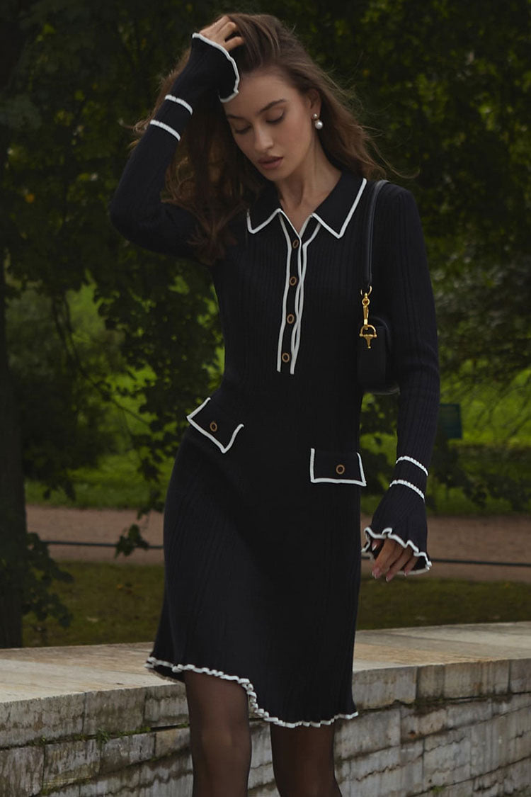Contrast Piping Collar Button Placket Bell Cuff Rib Knit Polo Mini Dress