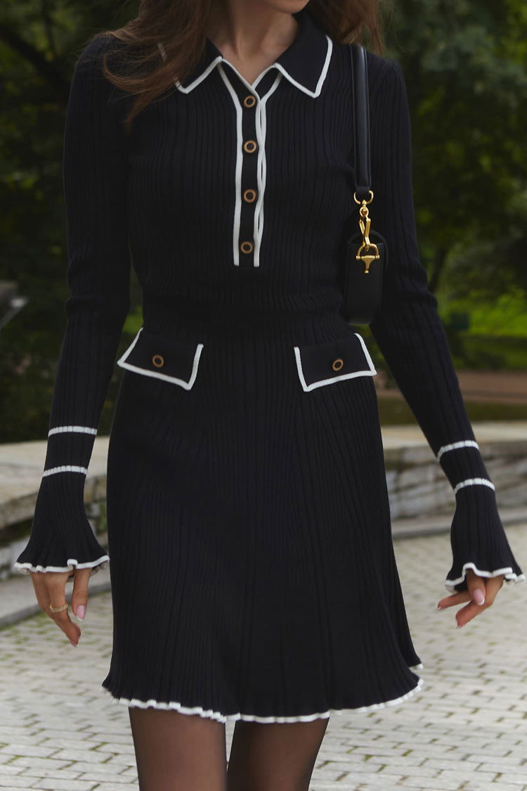 Contrast Piping Collar Button Placket Bell Cuff Rib Knit Polo Mini Dress
