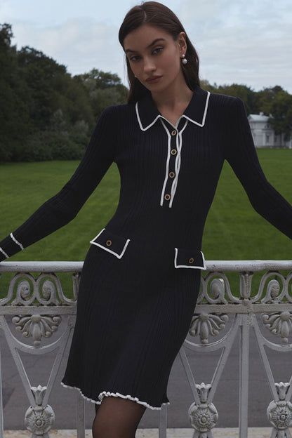 Contrast Piping Collar Button Placket Bell Cuff Rib Knit Polo Mini Dress