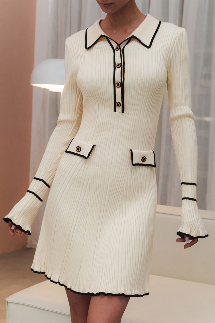 Contrast Collar Button Front Long Sleeve Ribbed Knit Sweater Mini Dress
