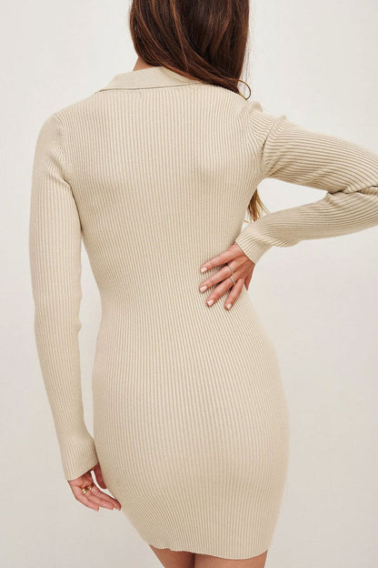 Polo Collar Deep V Neck Long Sleeve Ribbed Knit Bodycon Mini Dress