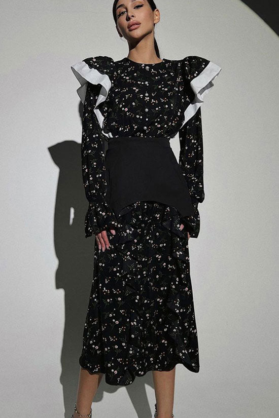 Ruffle Shoulder Crew Neck Button Front Belted Floral Midi Dress