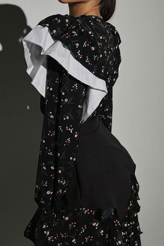 Ruffle Shoulder Crew Neck Button Front Belted Floral Midi Dress