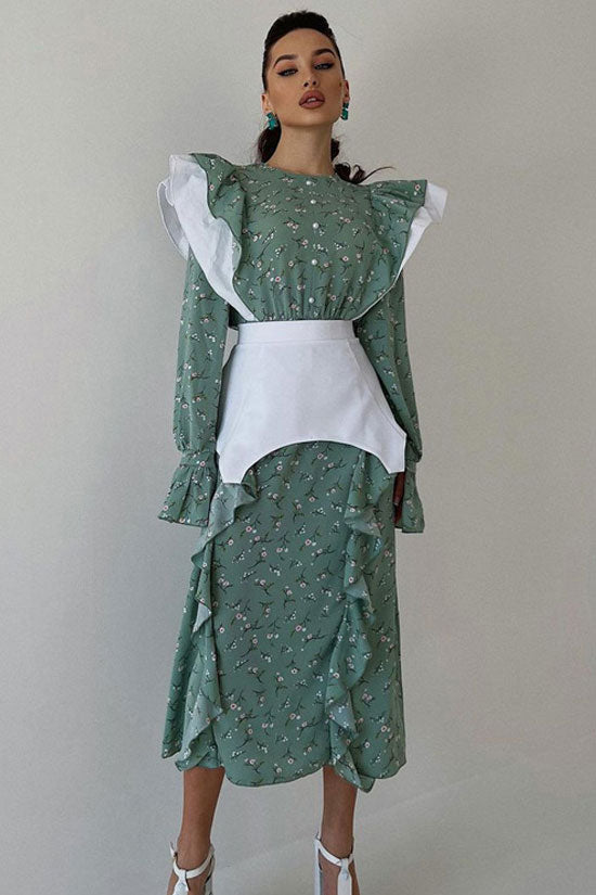 Ditsy Floral Print Oversized Ruffle Shoulder Corset Belt Long Sleeve Midi Dress