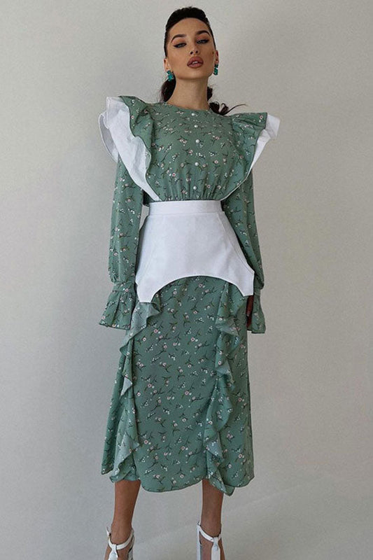 Ditsy Floral Print Oversized Ruffle Shoulder Corset Belt Long Sleeve Midi Dress