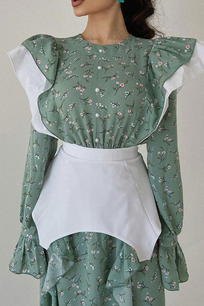 Ditsy Floral Print Oversized Ruffle Shoulder Corset Belt Long Sleeve Midi Dress