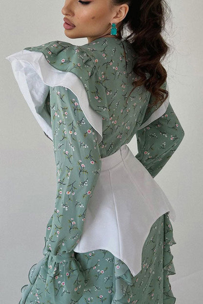 Ditsy Floral Print Oversized Ruffle Shoulder Corset Belt Long Sleeve Midi Dress