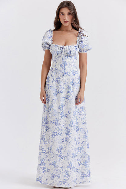 Square Neck Puff Sleeve Tie Bust Ditsy Floral Print Maxi Sundress