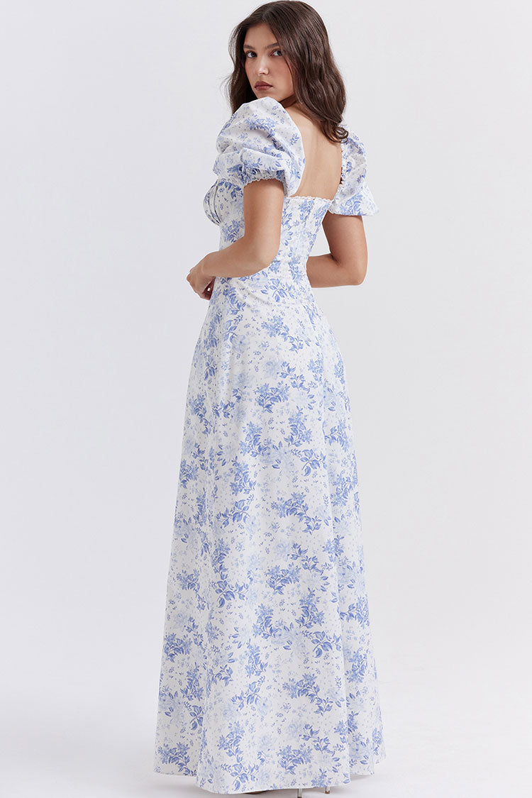 Square Neck Puff Sleeve Tie Bust Ditsy Floral Print Maxi Sundress