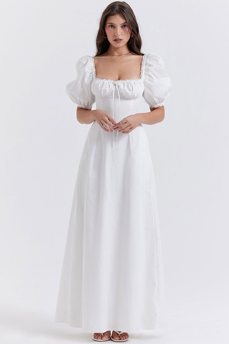 Off Shoulder Puff Sleeve Tie Neck Milkmaid Corset Seam Maxi Dress