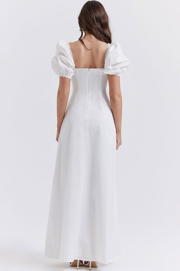 Off Shoulder Puff Sleeve Tie Neck Milkmaid Corset Seam Maxi Dress