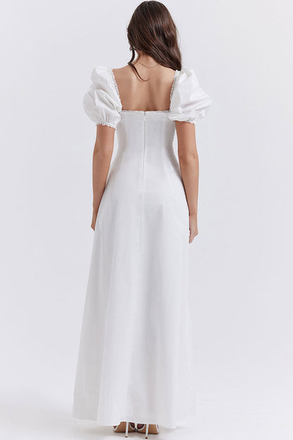 Off Shoulder Puff Sleeve Tie Neck Milkmaid Corset Seam Maxi Dress