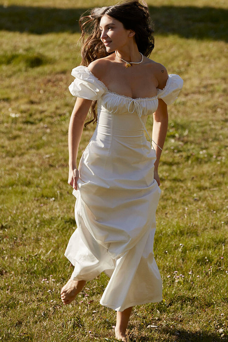 Off Shoulder Puff Sleeve Tie Neck Milkmaid Corset Seam Maxi Dress