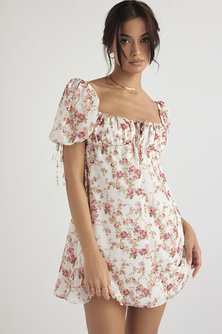 Floral Print Square Neck Keyhole Tie Puff Sleeve Empire Waist Babydoll Mini Dress