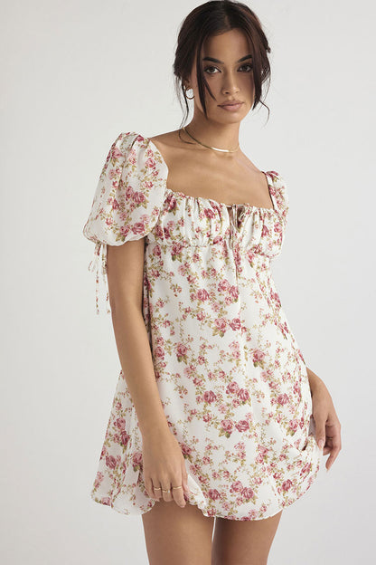 Floral Print Square Neck Keyhole Tie Puff Sleeve Empire Waist Babydoll Mini Dress