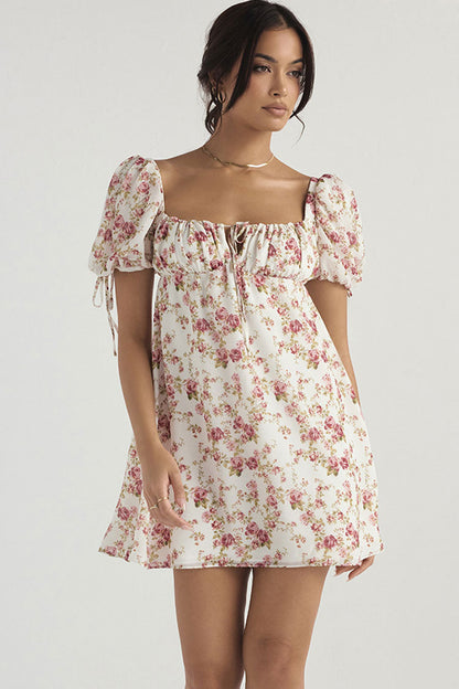 Floral Print Square Neck Keyhole Tie Puff Sleeve Empire Waist Babydoll Mini Dress