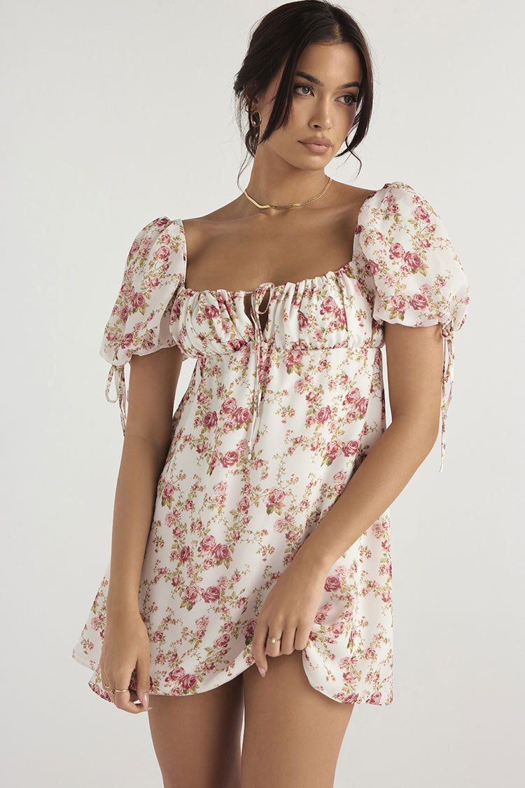 Floral Print Square Neck Keyhole Tie Puff Sleeve Empire Waist Babydoll Mini Dress
