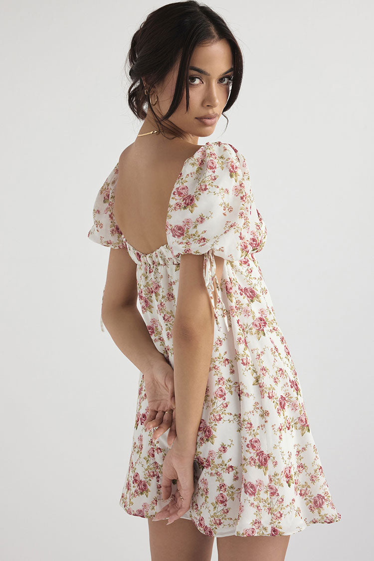 Floral Print Square Neck Keyhole Tie Puff Sleeve Empire Waist Babydoll Mini Dress