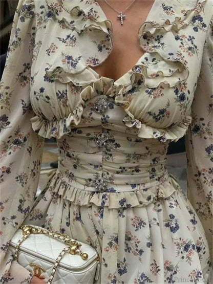 Floral Print Ruffle Off Shoulder Smocked Waist Button Front Flared Mini Dress