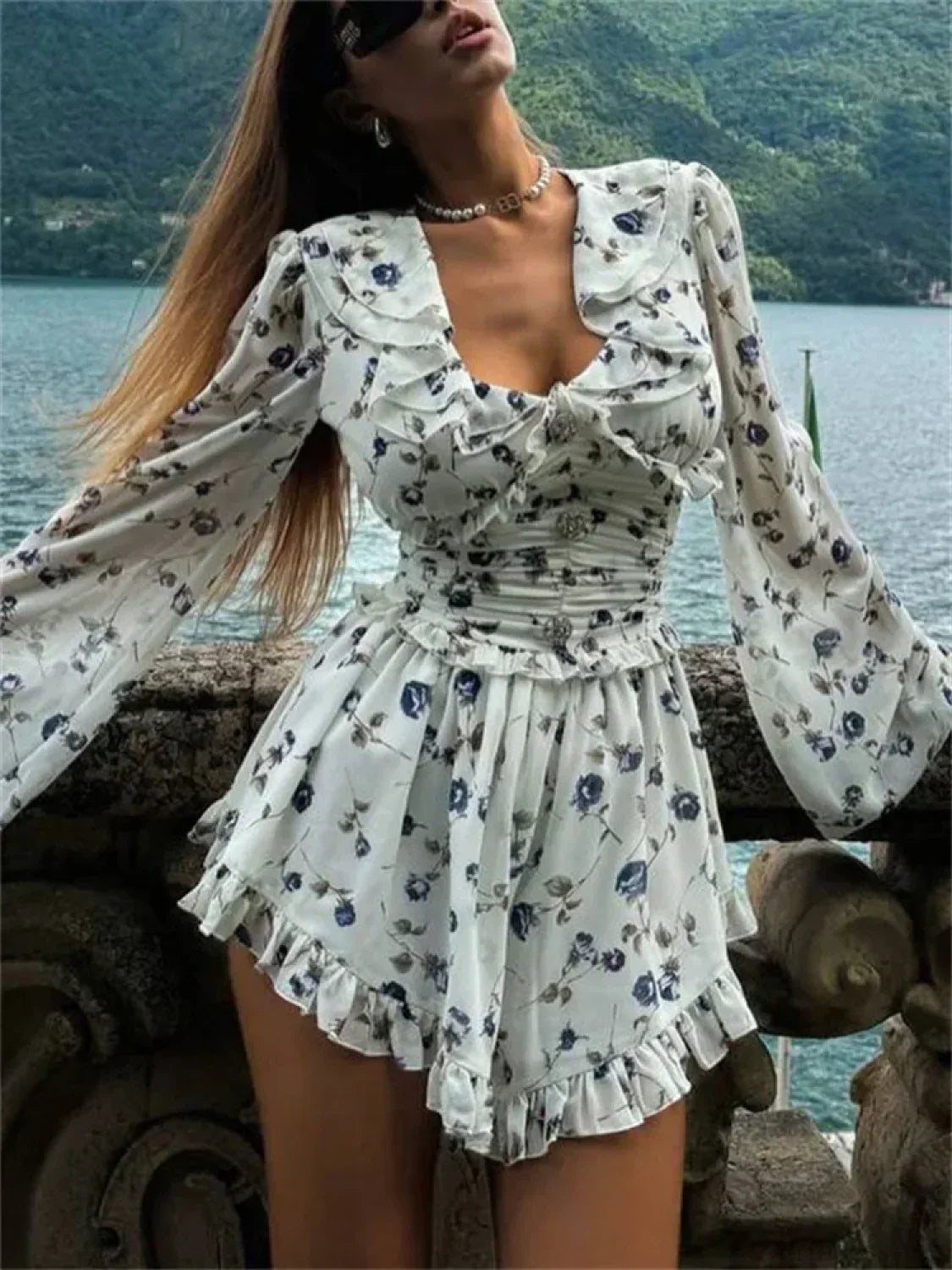 Floral Print Ruffle Off Shoulder Smocked Waist Button Front Flared Mini Dress