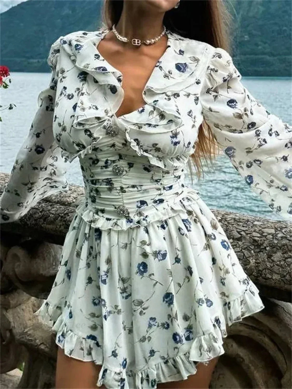 Floral Print Ruffle Off Shoulder Smocked Waist Button Front Flared Mini Dress