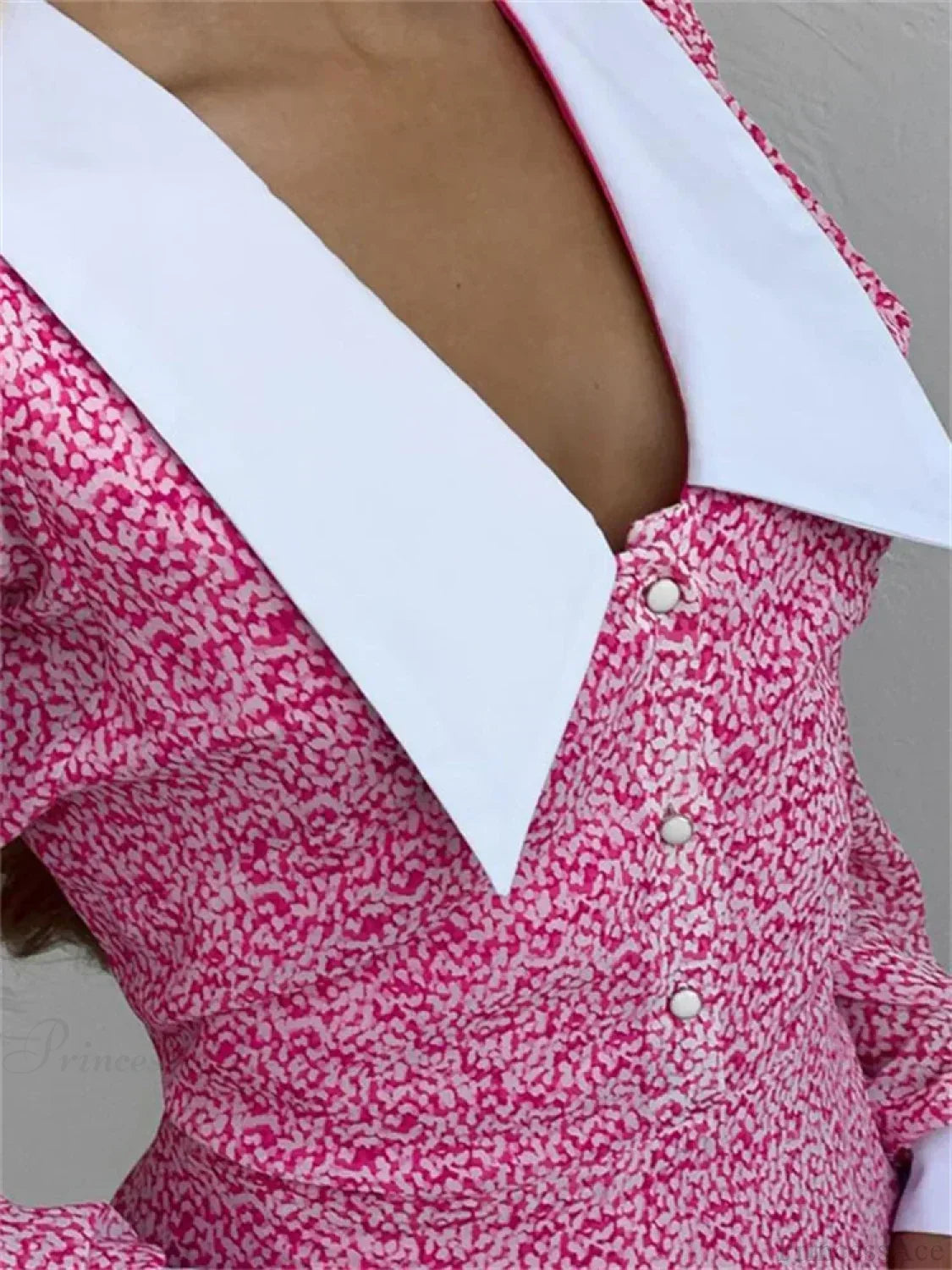 Contrast Collar Puff Sleeve Ditsy Print Button Front Ruffled Mini Dress
