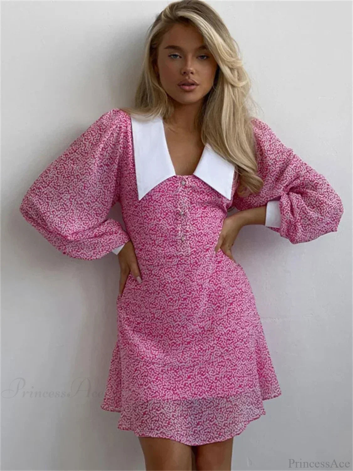 Contrast Collar Puff Sleeve Ditsy Print Button Front Ruffled Mini Dress