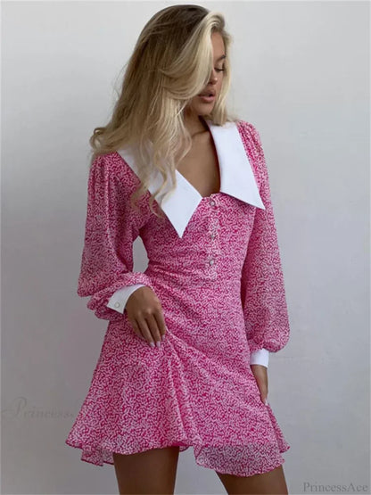 Contrast Collar Puff Sleeve Ditsy Print Button Front Ruffled Mini Dress