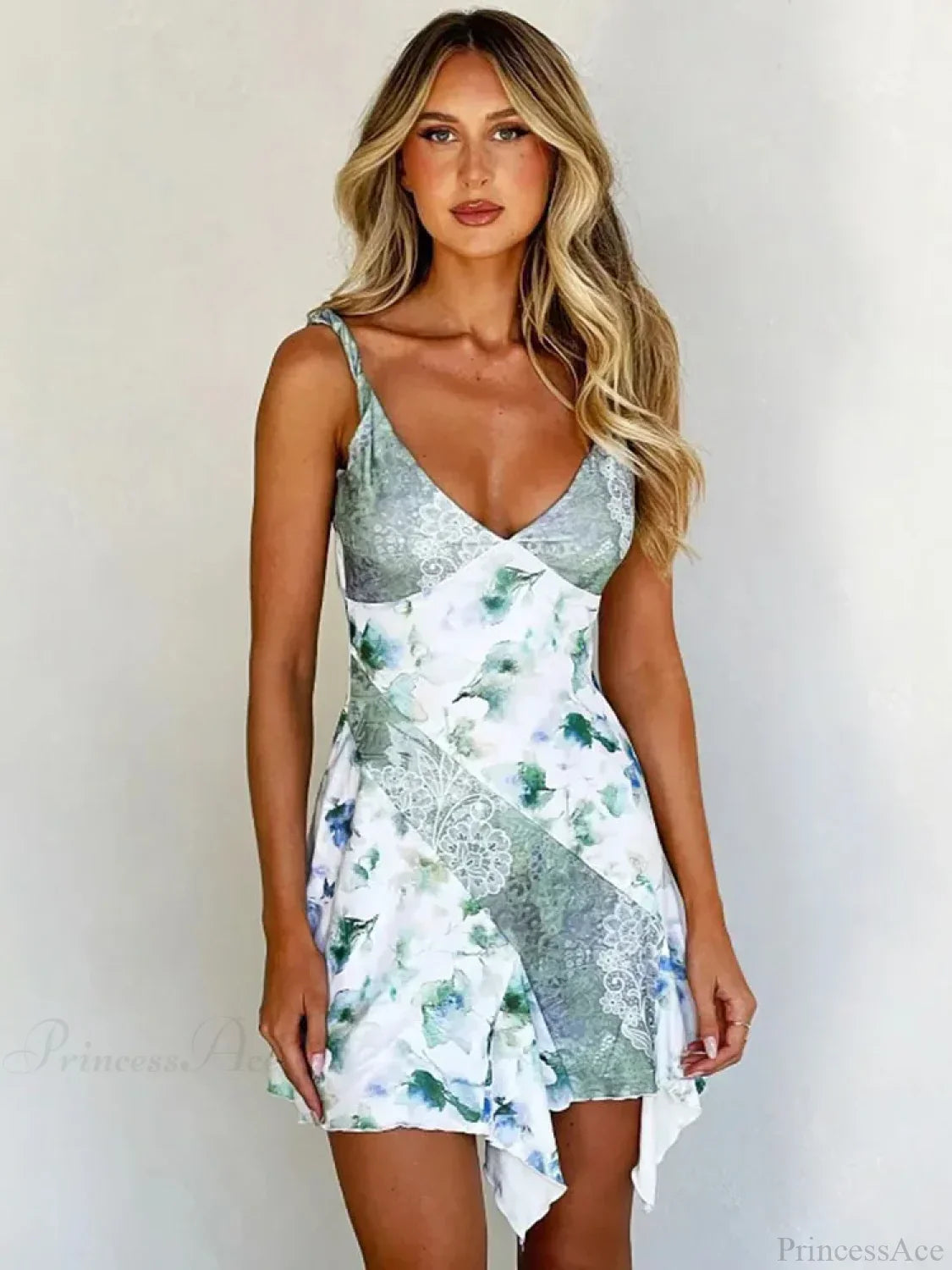 Patchwork Floral Paisley Print Scoop Neck Asymmetric Hem Mini Dress