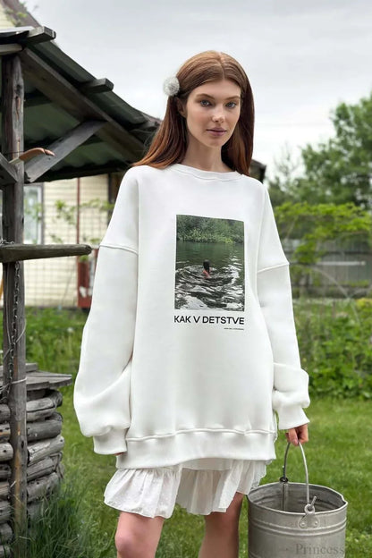 Printed White Loose Casual Crew Neck Pullover Sweatshirt