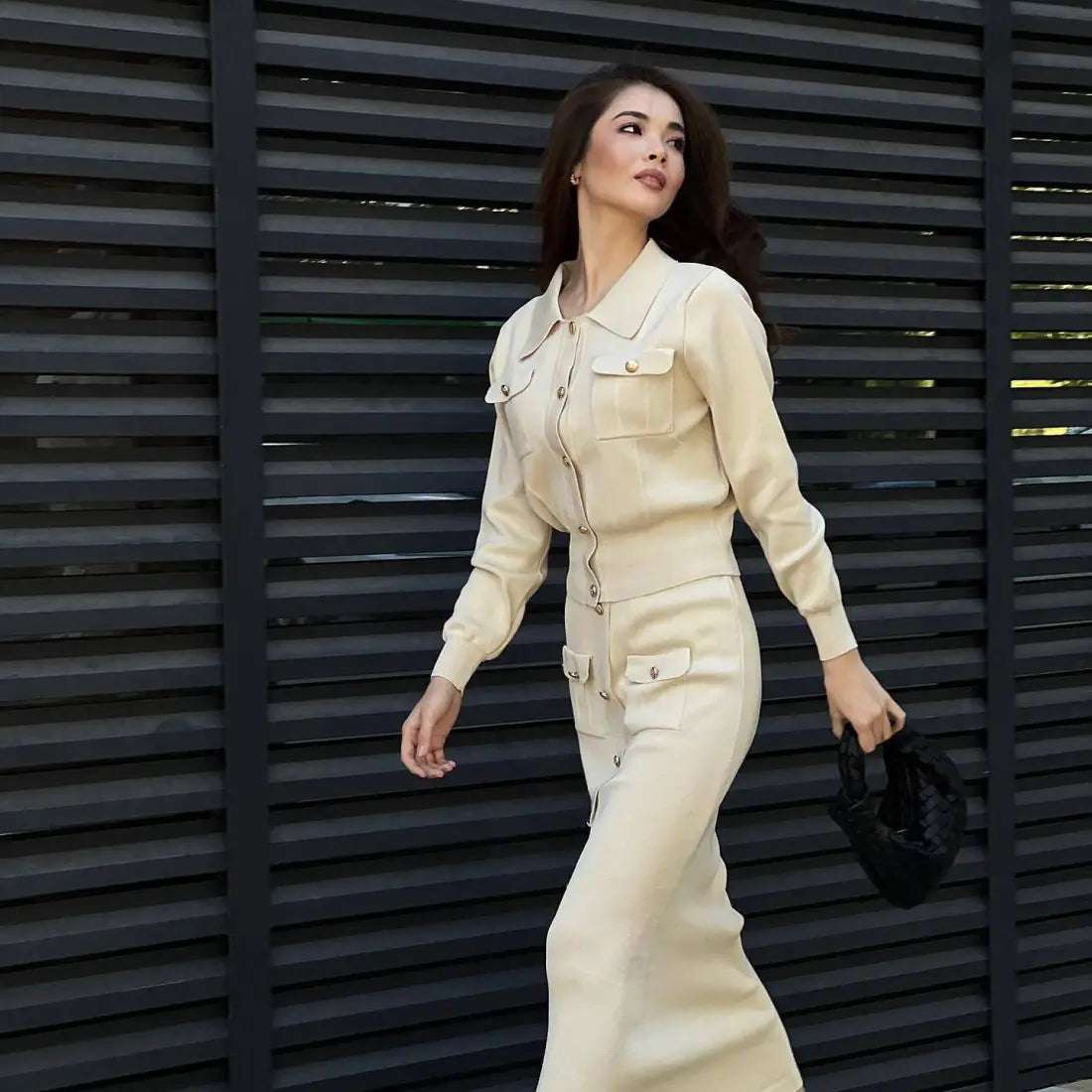 Knitted Slim-Fit Two Piece Set - Apricot