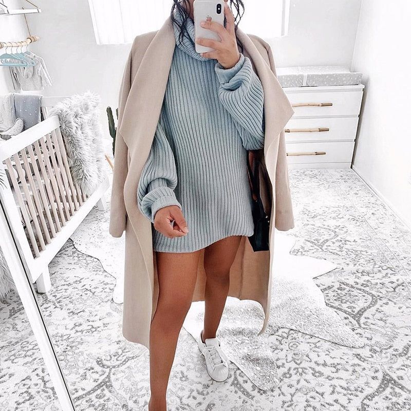 Ribbed Knit Turtleneck Long Sleeve Mini Sweater Dress