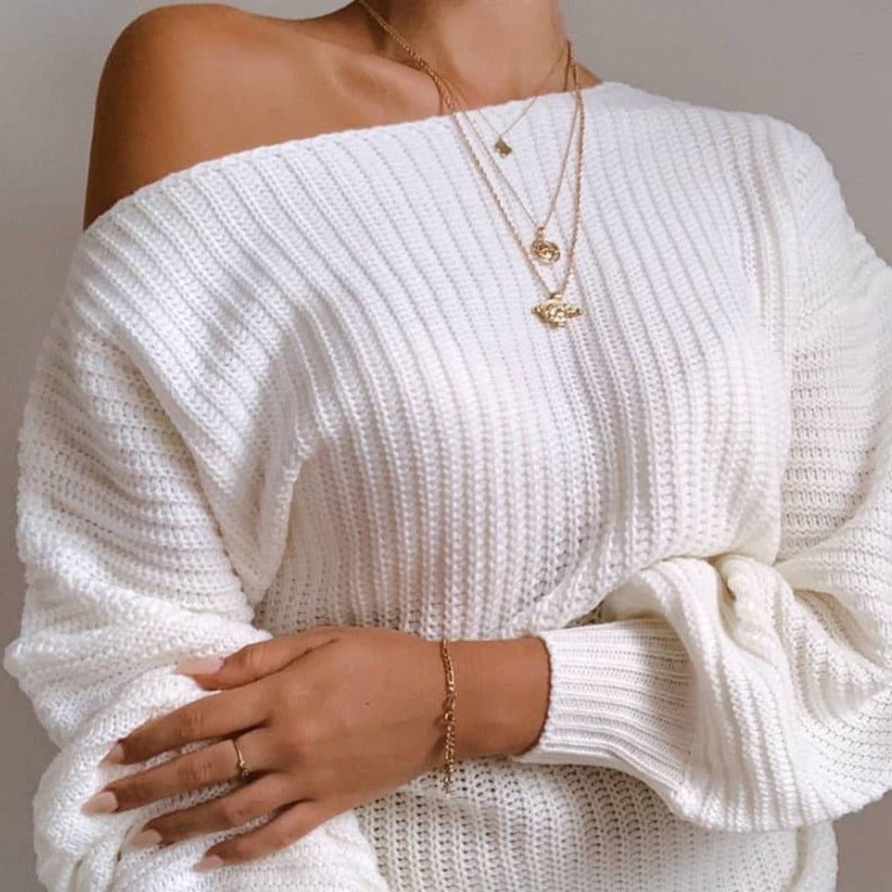 Off Shoulder Chunky Rib Knit Balloon Sleeve Oversized Mini Sweater Dress