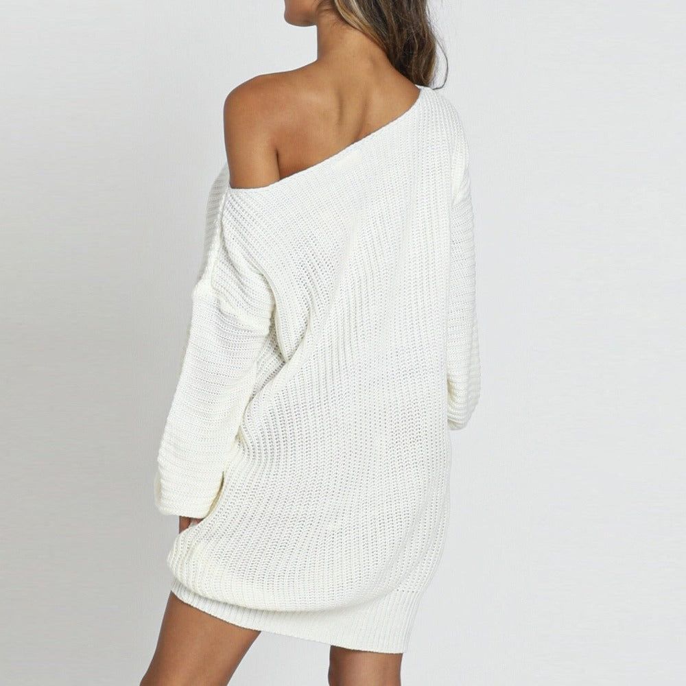 Off Shoulder Chunky Rib Knit Balloon Sleeve Oversized Mini Sweater Dress
