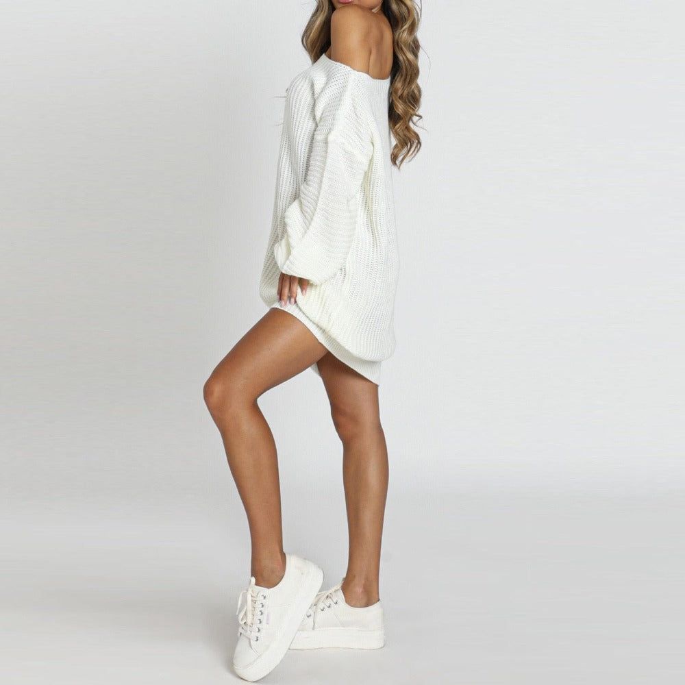 Off Shoulder Chunky Rib Knit Balloon Sleeve Oversized Mini Sweater Dress