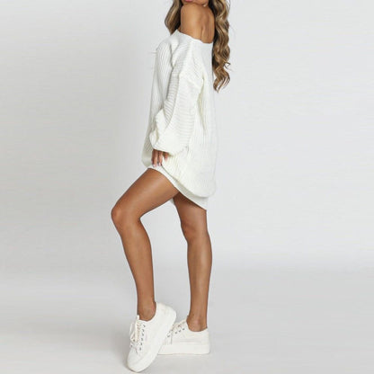 Off Shoulder Chunky Rib Knit Balloon Sleeve Oversized Mini Sweater Dress