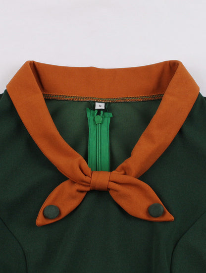Vintage Dress 1950s Yellow Two-Tone Bows Short Sleeves Embellished Collar Medium Swing Dress