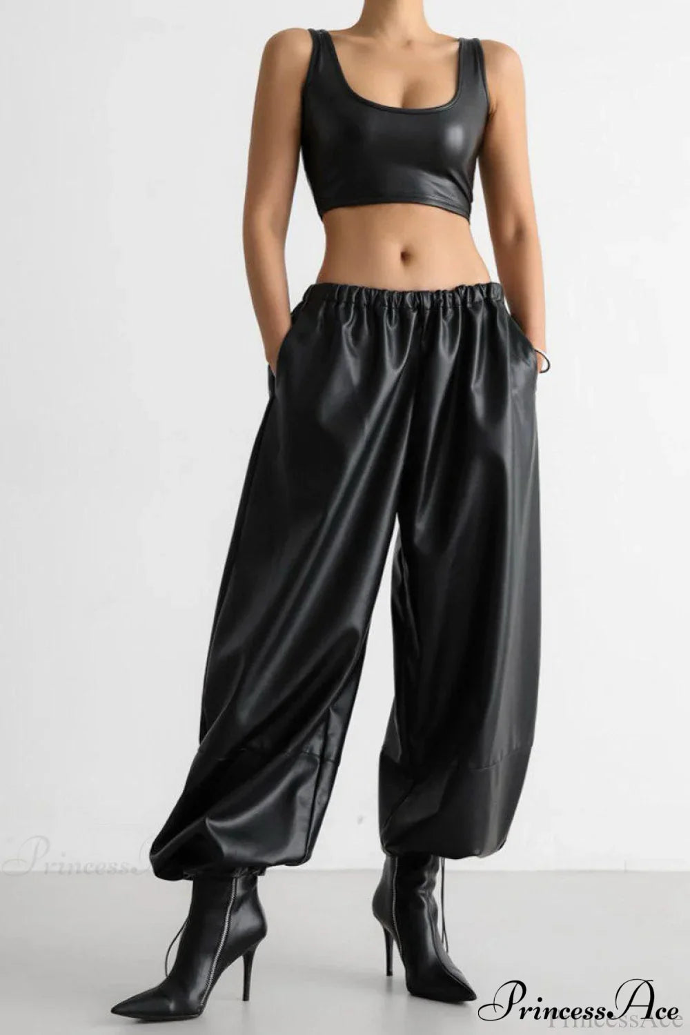 PU Leather Loose Harem Drawstring Pants
