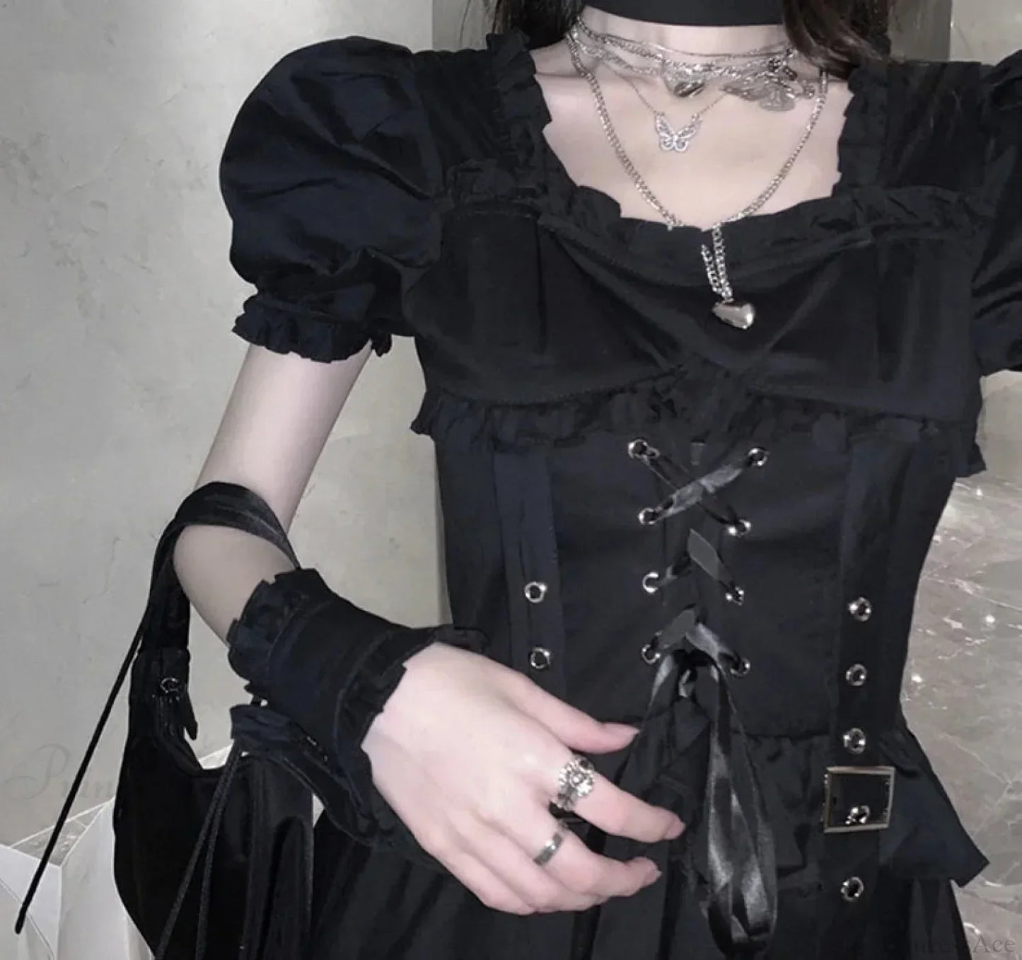 Square Neck Corset Lace Up Buckle Accent Tiered Ruffle Puff Sleeve Mini Dress