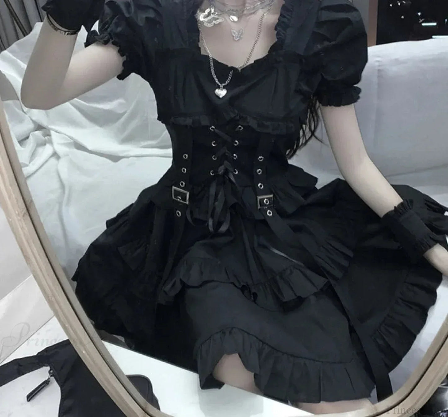 Square Neck Corset Lace Up Buckle Accent Tiered Ruffle Puff Sleeve Mini Dress