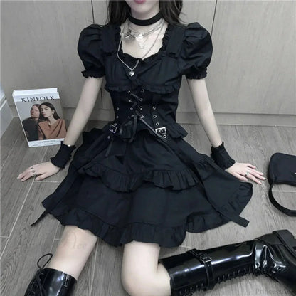 Square Neck Corset Lace Up Buckle Accent Tiered Ruffle Puff Sleeve Mini Dress