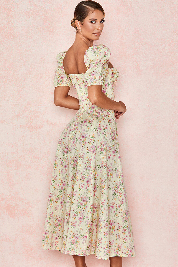 Puff Sleeve Ditsy Floral Tie Front High Slit Milkmaid Midi Dress