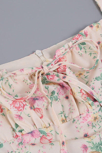 Puff Sleeve Ditsy Floral Tie Front High Slit Milkmaid Midi Dress