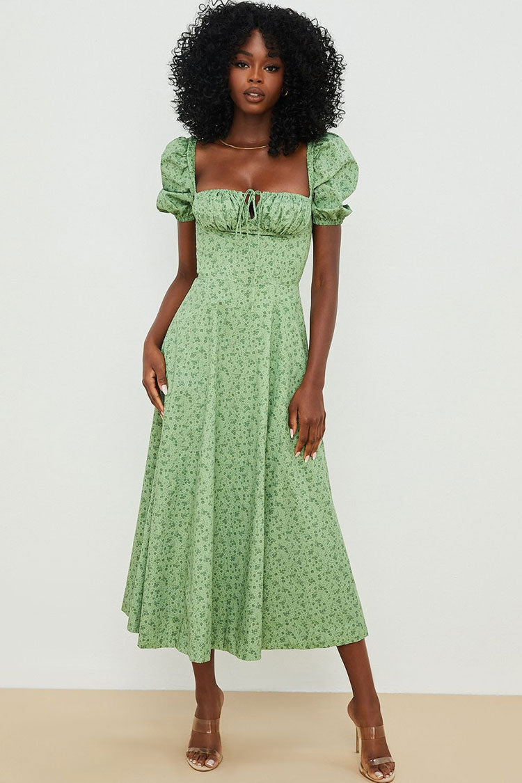 Ditsy Floral Square Neck Tie Front Puff Sleeve High Slit Midi Dress
