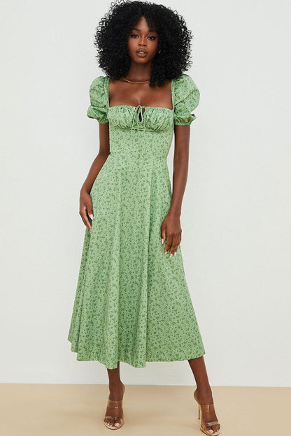 Ditsy Floral Square Neck Tie Front Puff Sleeve High Slit Midi Dress