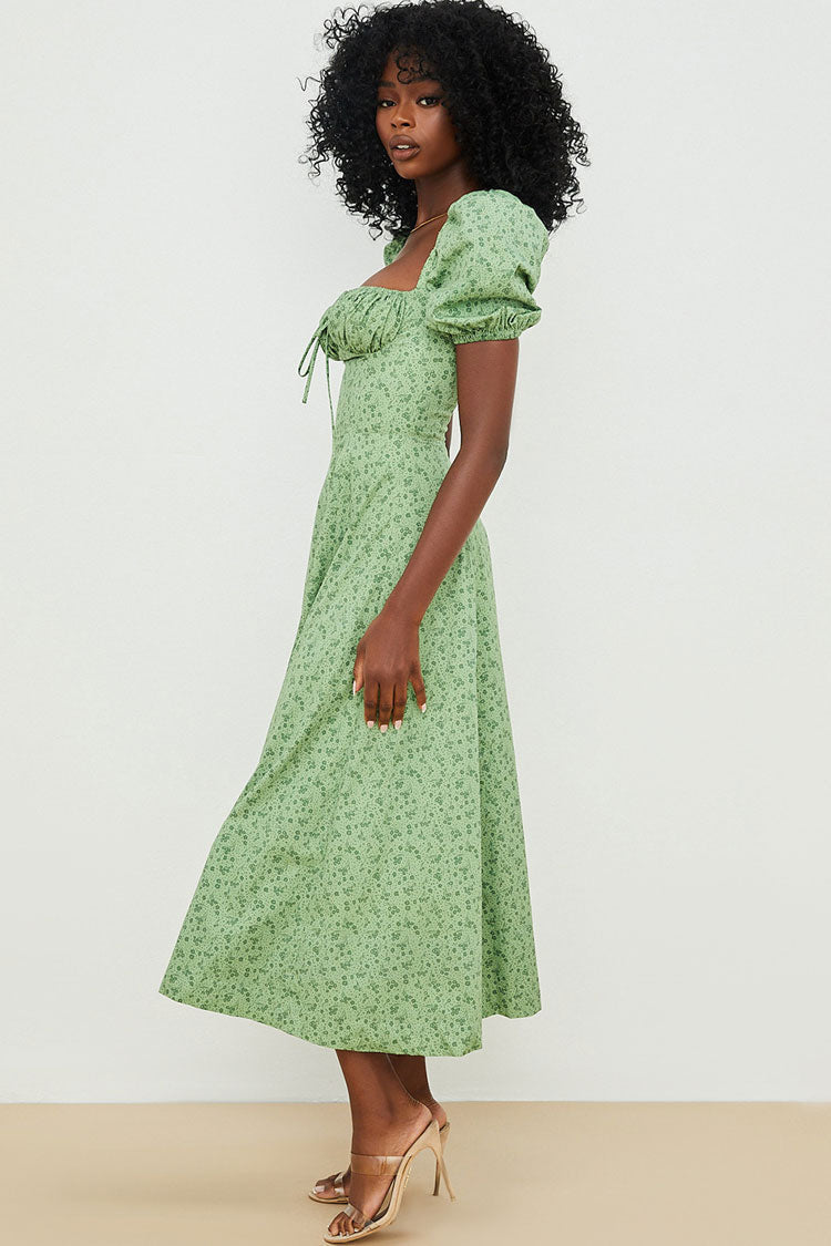 Ditsy Floral Square Neck Tie Front Puff Sleeve High Slit Midi Dress