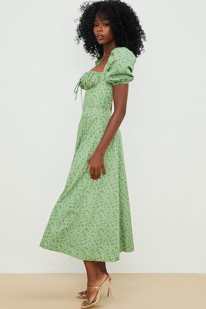 Ditsy Floral Square Neck Tie Front Puff Sleeve High Slit Midi Dress