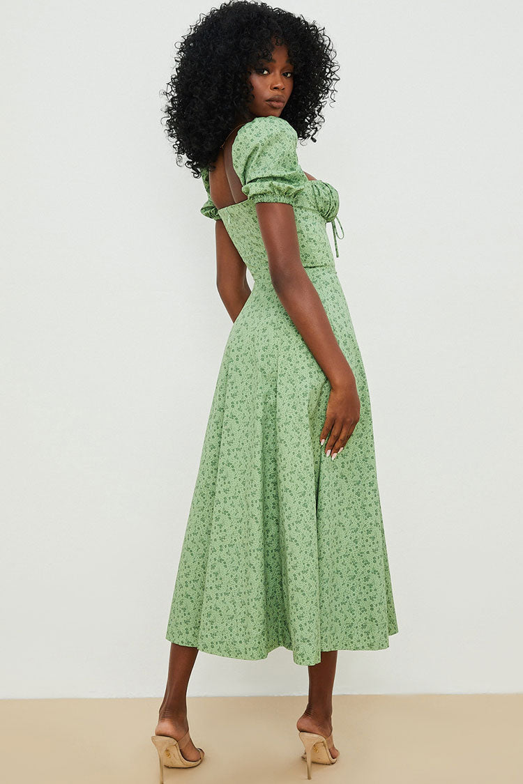 Ditsy Floral Square Neck Tie Front Puff Sleeve High Slit Midi Dress