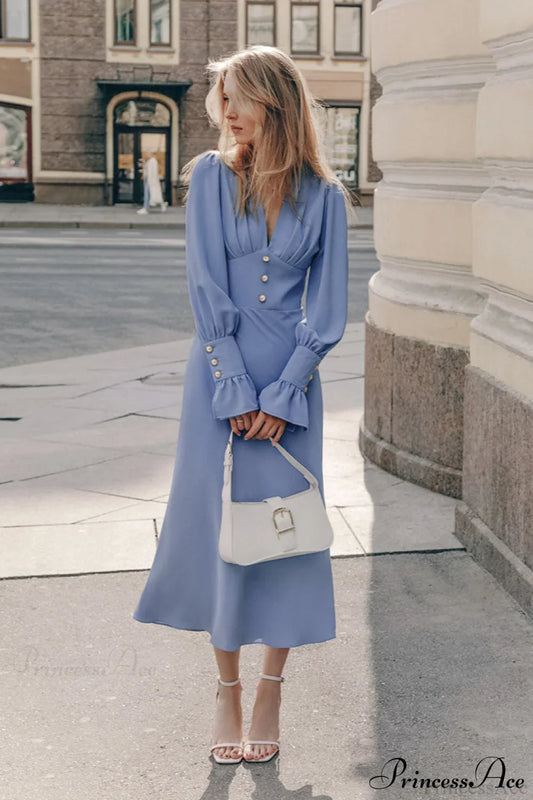 Puff Sleeve V Neck Vintage Slim Maxi Dress