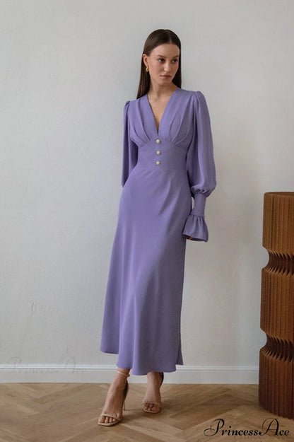 Puff Sleeve V Neck Vintage Slim Maxi Dress